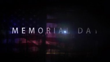 Anma Günü 'nde Amerikan bayrağında siyah soyut arka planda rüzgar animasyonunda sinema başlığı sallanan kısa mesaj, Amerikan bayrağı. 4K 3D ABD bayrağı rüzgarda dalgalanıyor