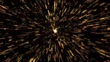 Soyut döngü sihirli altın çizgiler yanıp sönen parçacıklar siyah arkaplanda merkez hareketinden kıvılcım saçıyor. Geleceğe ait arka plan, mor ötesi karanlık çizgiler, lazer ışınları, ışık hızı. 4K 3D denizi