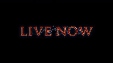 Animasyon Live Now Glow kırmızı kıvılcımlı Neon Lightning metin animasyonu siyah soyut arka plan. İzole edilmiş alfa kanalı Uygula 444 Prores