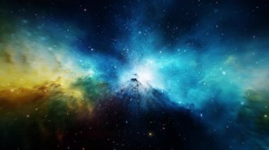 Galaksi galaksisi uzay yolculuğu. Derin uzay yolculuk bulutu, soyut bilim kurgu arka planında mavi nebula yıldızları parlıyor. 4K 3D pürüzsüz bilim-kurgu uzay uçuşu parlayan enerji gazı bulutu nebulası. Galaksi 