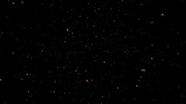 Soyut animasyon döngüsü siyah zemin üzerinde parlayan yıldız toz parçacıkları yukarı akar. 4K 3D kusursuz döngü pembe kırmızı bokeh parçacıkları havada uçuşuyor.