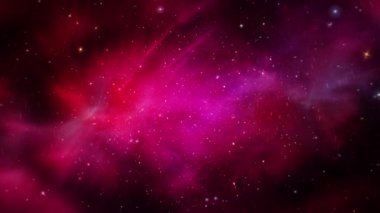 Derin uzay bilim kurgu arka planında pembe bulutlu uzay yolculuğu nebulası. 4K 3D pürüzsüz bilim-kurgu uzay uçuşu parlayan enerji gazı bulutu bulutsu gökadası