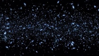 Döngü titreşen mavi yıldız parçacıkları siyah soyut arka planda uçan animasyonlar. Alevli mavi parlayan kor yanan kül parçacıklarının animasyonu.