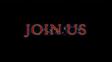 Bize katılın, parlak kırmızı kıvılcım saçan aydınlatma metni siyah soyut arka plan animasyonu. İzole edilmiş alfa kanalı Prores 444 'ü uygulayın.