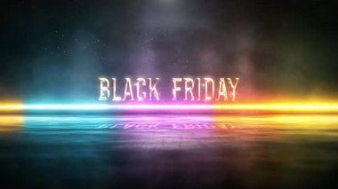 Kara Cuma 'nın üç boyutlu animasyonu bilim kurgu dijital başlık soyut arkaplanlı parıltılı metin efekti. Giriş için kapak, başlık afişi. Renkli retro oyun konsolu biçimi.