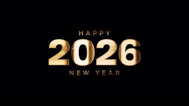 2026 Mutlu Yıllar. Altından yazılar. Siyah arka planda yanıp sönen ışık efektleri. Işıldayan altın parıldayan ışık dokusuyla Mutlu Yıllar metni. İzole edilmiş alfa kanalı için hızlı zaman bölümü 444 'ü kullanın. 