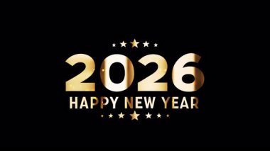 2026 Happy New Year golden text shine flickering light effect animation on black background.2026 Happy New Year text with looping flickering gold glowing light texture. Isolated alpha channel Apply prores 444