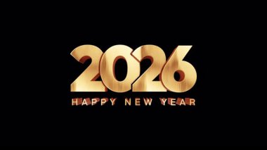 2026 Happy New Year golden text shine flickering light effect animation on black background.2026 Happy New Year text with looping flickering gold glowing light texture. Isolated alpha channel Apply prores 444