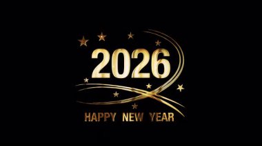 2026 Mutlu Yıllar. Parıldayan altın yazılar. Parıldayan ışık efektleri. İzole edilmiş alfa kanalı Prores 444 'ü uygula