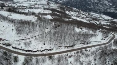 Karlı dağlar, sonsuz yeşil ağaçları ve yolu olan karlı dağlar.