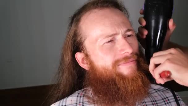 Beard Barber Straightens Beard Hair Dry — Stock Video