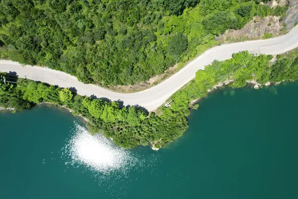 Göl kenarındaki orman yolu ve güneş yansıması.