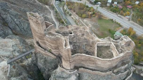 Aerial Enguzek Kapi Castle Erzurum Tortum Medieval Castle — Stock Video