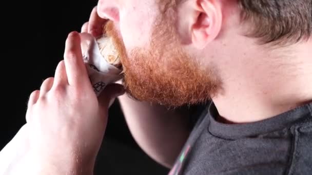 Rotbärtiger Mann Isst Burrito Aus Nächster Nähe — Stockvideo