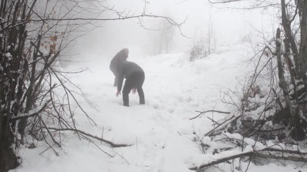 Παίζοντας Χιονόμπαλες Δύο Νέοι Άνθρωποι Παίζουν Χιονόμπαλες Χειμώνα — Αρχείο Βίντεο