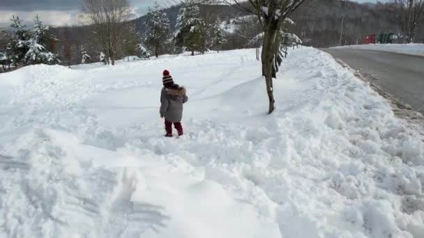 Enfant Neige Tir Aérien Enfant Marchant Dans Neige Images Haute — Video