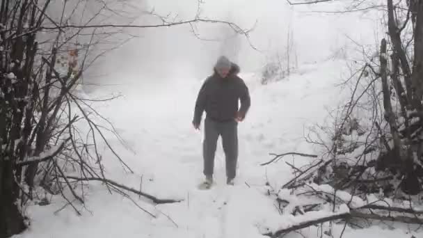 Procházky Sněhu Muž Kráčí Sněhu Zamlženém Lese — Stock video