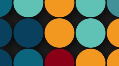70 'lerin modası geçmiş geometrik arka planı. Renkli göz kırpan daireler, bej, turuncu, kırmızı ve deniz mavisi renkleri. Bu tarz klasik hareketli arka plan animasyonu 4k ve pürüzsüz bir döngüdür.