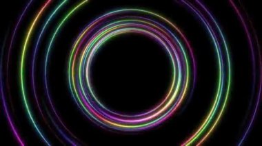 Animasyon döngüsü teknolojisi, çok renkli ışık rastgele daireler siyah üzerine animasyon dalgalandırıyor. Soyut karanlık hareket eğimli ışık, fütüristik arka plan hareketini izler. Sanatsal çizgiler parlayan ışık VJ döngüsü.