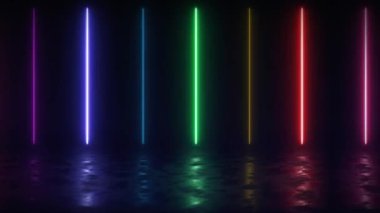 Renkli ışık demetleriyle soyut neon arkaplan. Parlak lazer animasyonu ve yansıtıcı zemini olan fütüristik stüdyo konsepti. Kusursuz döngü. Gelecekçi Bilim-Kurgu Soyut Mavi ve Mor Neon Işığı 