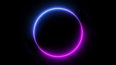Canlı neon dairesi soyut fütüristik yüksek teknolojili hareket arkaplanı. Video döngüsü animasyonu. 3D görüntü, mavi pembe neon çerçeve, daire, halka şekli, boş alan, ultraviyole ışık, 80 'lerin retro tarzı