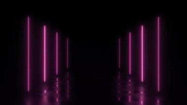 3D döngülü animasyon, soyut pembe neon arka plan, parlak sütunlar, ileri yönünü gösteriyor. Boş sahne. Yönlendirme konsepti. Karanlık bir arkaplanda lazer ışınları.