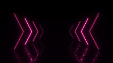 3D döndürülmüş animasyon, soyut pembe neon arka plan, parıldayan oklar, ileri yönünü gösteriyor. Boş sahne. Yönlendirme konsepti. Karanlık bir arkaplanda lazer ışınları.