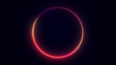 Canlı neon dairesi soyut fütüristik yüksek teknolojili hareket arkaplanı. Video döngüsü animasyonu. 3D görüntü, mavi pembe neon çerçeve, daire, halka şekli, boş alan, ultraviyole ışık, 80 'lerin retro tarzı