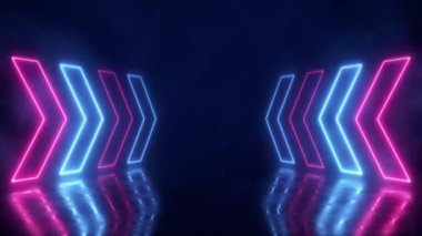 Renkli ışık demetleriyle soyut neon arkaplan. Okları lazer animasyonu ve yansıtıcı zemini olan fütüristik stüdyo konsepti. Kusursuz döngü. Gelecekçi Bilim-Kurgu Soyut Mavi ve Mor Neon Işığı 