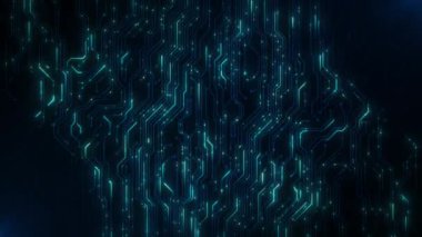 Devre tahtasında ve işlemci döngüsünde dijital veri hareket ediyor. Bilgisayar işleme ve düzenleme verileri. Soyut yüksek teknoloji yapay zeka (AI), veri madenciliği, modern bilgisayar teknolojisi yüzeyi