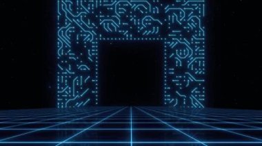 Sentetik dalga teli net çizimi. Soyut dijital arkaplan. 80 'ler, 90' lar Retro dalga siber şebekesi. Devreli alt yüzeyler. Neon ışıkları parlıyor. Yıldızlı arka plan. 3B Hazırlama