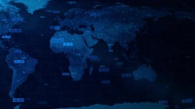 Gezegenin haritası. Dünya haritası. Küresel sosyal ağ. Geleceğe. Kusursuz döngü. Dünya gezegeninin mavi fütüristik geçmişi. İnternet ve teknoloji. Uçan mavi basamaklı geometrik arkaplan. 