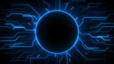 Devre tahtasında ve işlemci döngüsünde dijital veri hareket ediyor. Bilgisayar işleme ve düzenleme verileri. Soyut yüksek teknoloji yapay zeka (AI), veri madenciliği, metin için neon parlaklık dairesi 