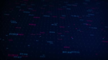 Finansal işletme. Zaman içinde kar ve kayıpları gösteren tablolar ve hisse senedi numaraları içeren büyük veriler. Üç boyutlu bir finans bilgisi. 