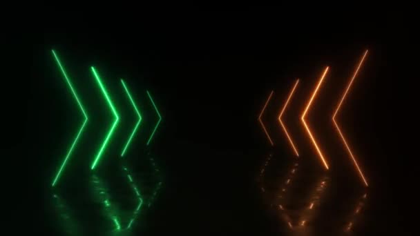 3Dサイクルアニメーション 輝く矢印と抽象的なピンクの緑のオレンジのネオンの背景は 前方方向を示しています 空の舞台 前方方向の概念 暗い背景にレーザー輝線 — ストック動画