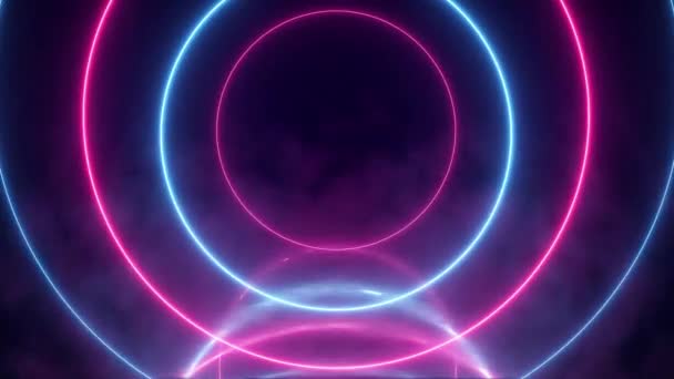 抽象的霓虹灯背景 色彩艳丽的光圈 具有明亮的激光动画和反射式地面的未来工作室概念 无缝圈 未来主义科幻抽象蓝光与紫色霓虹灯 — 图库视频影像