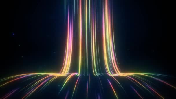 循环3D动画 彩色光谱激光束滑落 霓虹灯线流留下发光痕迹的抽象背景 霓虹灯线流滑落的抽象宇宙背景 — 图库视频影像