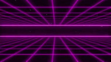 Retro siber punk tarzı 80 'lerin bilim-kurgu arka planı, lazer şebeke manzaralı. 1980 'lerin dijital siber yüzey tarzı. Üç boyutlu illüstrasyon. Geçmişe Dönme Fütürizm Bilimkurgu Geçmişi. Yıldızlı karanlık uzay.