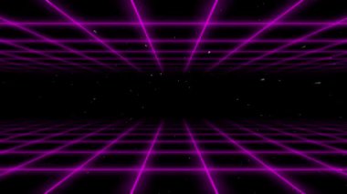 Retro siber punk tarzı 80 'lerin bilim-kurgu arka planı, lazer şebeke manzaralı. 1980 'lerin dijital siber yüzey tarzı. Üç boyutlu illüstrasyon. Geçmişe Dönme Fütürizm Bilimkurgu Geçmişi. Yıldızlı karanlık uzay.