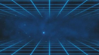 Retro siber punk tarzı 80 'lerin bilim-kurgu arka planı, lazer şebeke manzaralı. 1980 'lerin dijital siber yüzey tarzı. Üç boyutlu illüstrasyon. Geçmişe Dönme Fütürizm Bilimkurgu Geçmişi. Yıldızlı karanlık uzay.