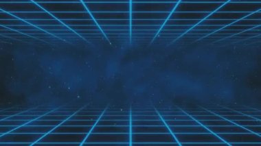 Retro siber punk tarzı 80 'lerin bilim-kurgu arka planı, lazer şebeke manzaralı. 1980 'lerin dijital siber yüzey tarzı. Üç boyutlu illüstrasyon. Geçmişe Dönme Fütürizm Bilimkurgu Geçmişi. Yıldızlı karanlık uzay.