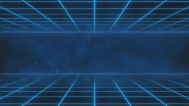 Retro siber punk tarzı 80 'lerin bilim-kurgu arka planı, lazer şebeke manzaralı. 1980 'lerin dijital siber yüzey tarzı. Üç boyutlu illüstrasyon. Geçmişe Dönme Fütürizm Bilimkurgu Geçmişi. Yıldızlı karanlık uzay.