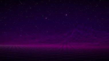 Moda retro fütüristik pembe ve mavi neon ışıklar 3D dağlar bir eşitleyici ses dalgası gibi hareket eder. 3 boyutlu görüntüleme. VJ video oyunu manzarası, neon ışıkları ve düşük polimerli arazi ızgarası. Kusursuz döngü.