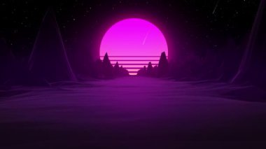 Moda geçmişe dönük pembe ve mavi neon ışıklar arka planda güneş olan dağlar arasında 3D yol. 3 boyutlu görüntüleme. VJ video oyunu manzarası, neon ışıkları ve düşük polimerli arazi ızgarası. Kusursuz döngü.