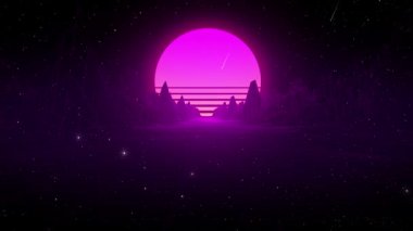 Moda geçmişe dönük pembe ve mavi neon ışıklar arka planda güneş olan dağlar arasında 3D yol. 3 boyutlu görüntüleme. VJ video oyunu manzarası, neon ışıkları ve düşük polimerli arazi ızgarası. Kusursuz döngü.