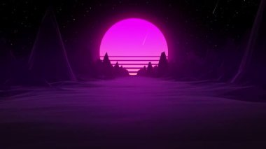 Moda geçmişe dönük pembe ve mavi neon ışıklar arka planda güneş olan dağlar arasında 3D yol. 3 boyutlu görüntüleme. VJ video oyunu manzarası, neon ışıkları ve düşük polimerli arazi ızgarası. Kusursuz döngü.