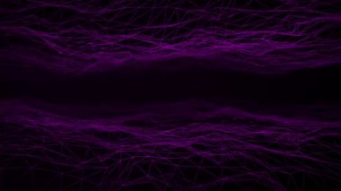 Eski moda, fütüristik pembe pelerin 3D yüzeyi karanlık uzay arka planına sahip dağlar arasında. 3 boyutlu görüntüleme. VJ video oyunu manzarası, neon ışıkları ve düşük polimerli arazi ızgarası. Kusursuz döngü.