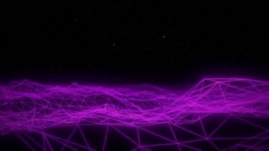 Sentetik dalga teli net çizimi. Soyut dijital arkaplan. 80 'ler, 90' lar Retro dalga siber şebekesi. Alt dağ yüzeyleri. Neon ışıkları parlıyor. Yıldızlı arka plan. 3B Hazırlama