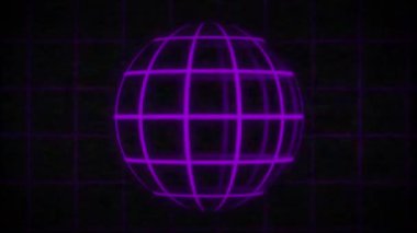 Küresel ızgara küre. Çizgili 3D küre, geometri küresi, dünya enlemi ve boylam çizgisi ızgarası dönüyor. Küresel ızgara küre şekilleri. Sentetik dalga kablosuz ağ dikişsiz döngüsü. Retro dalga siber ızgarası