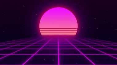 Arka planda geçmişe dönük modaya uygun pembe neon ışıklar güneşe giden 3 boyutlu yol. 3 boyutlu görüntüleme. VJ video oyunu manzarası, neon ışıkları ve düşük polimerli arazi ızgarası. Geriye doğru gün batımı. Kusursuz döngü.